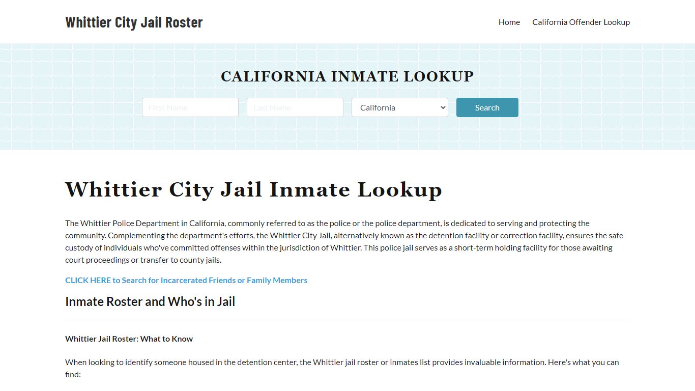 Whittier Police Department & City Jail, CA Inmate Roster, Arrests, Mugshots