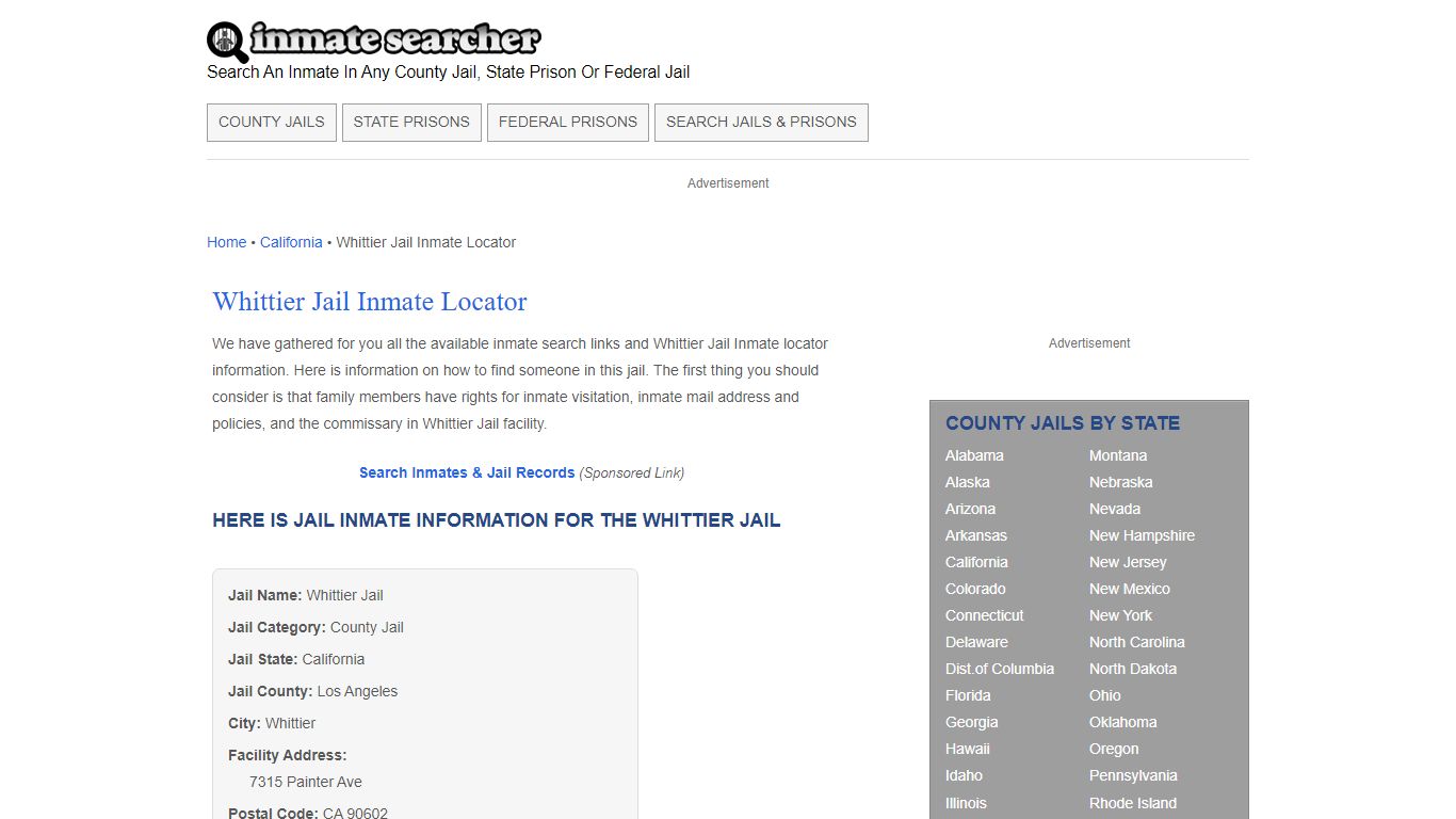 Whittier Jail Inmate Locator - Inmate Searcher